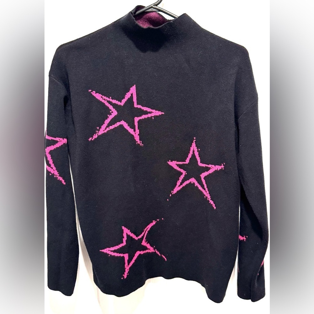Tahari star mock neck sweater warm structured fuchsia black stretch cozy USM